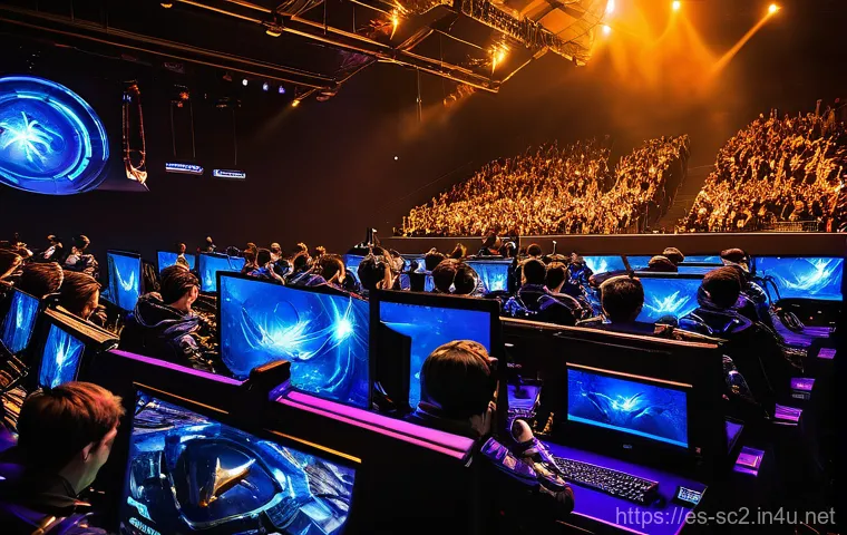 스타크래프트2 공식 뉴스 - **Image Prompt 1: Dynamic Esports Grand Finals** "A wide, dynamic shot of a StarCraft II profess...