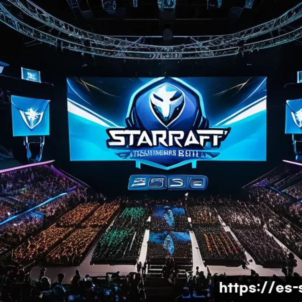 스타크래프트2 공식 사이트 - A dynamic esports tournament scene set in a large, modern arena filled with enthusiastic Spanish-spe...