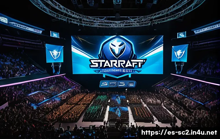 스타크래프트2 공식 사이트 - A dynamic esports tournament scene set in a large, modern arena filled with enthusiastic Spanish-spe...