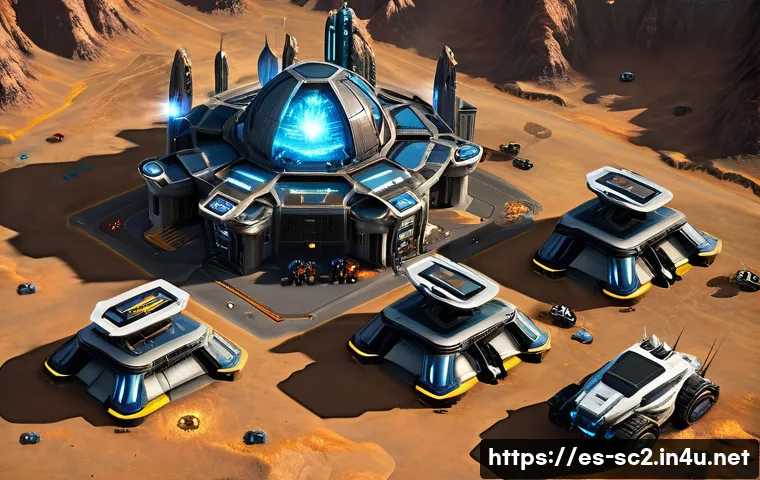 스타크래프트2 래더 점수 올리는 법 - A detailed futuristic StarCraft 2 battle scene showcasing a Terran base with multiple production str...
