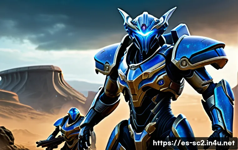 스타크래프트2 패치 노트 정리 - A futuristic sci-fi battle scene featuring three distinct humanoid soldiers representing Terran, Pro...
