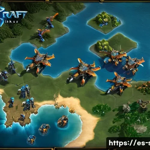 Home 33 스타크래프트2 실시간 전략 배틀 - A dynamic battlefield scene from a real-time strategy game inspired by StarCraft II, featuring diver...