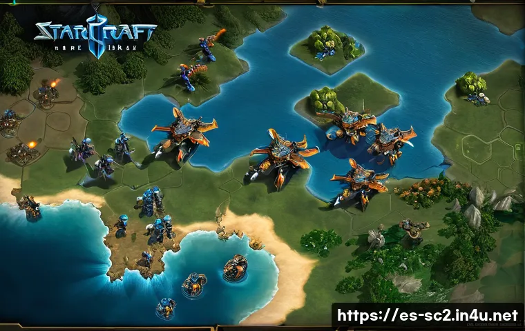 스타크래프트2 실시간 전략 배틀 - A dynamic battlefield scene from a real-time strategy game inspired by StarCraft II, featuring diver...