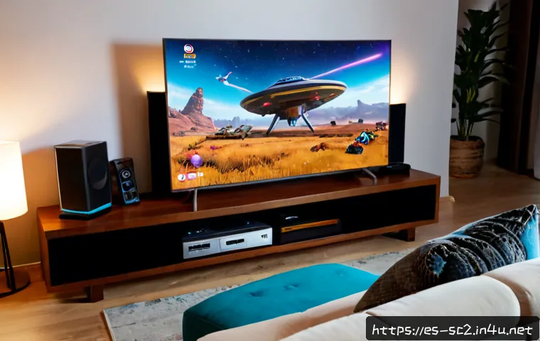 Home 17 스타크래프트2 중계 방송 시청법 - Photorealistic cozy living room in a contemporary Spanish-speaking household, adult viewer watching ...
